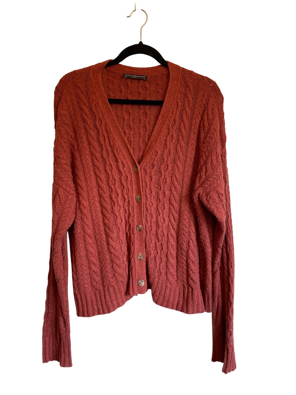 Peruvian Connection Cable-Knit Button Cardigan Pima Cotton Rust Color XL